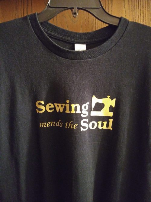 A sample with one of seven designs decorating a t-shirt.
